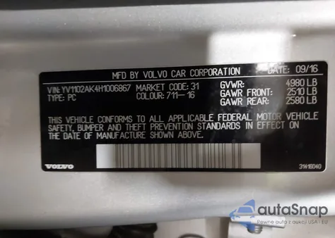 2017 Volvo S90 T5 Momentum z USA, uszkodzony, nr VIN YV1102AK4H1006867